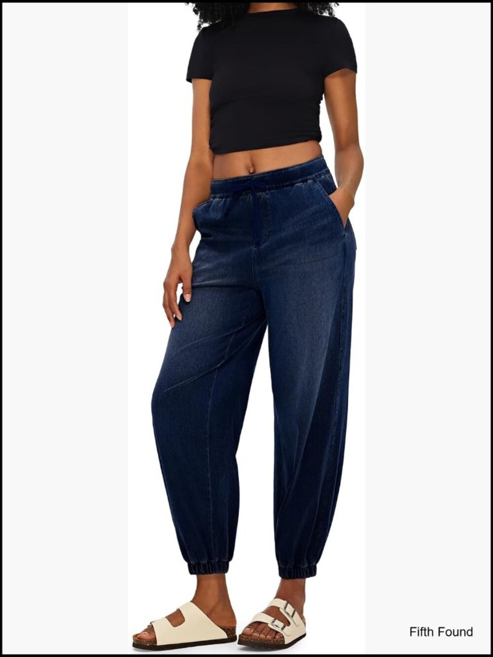 High Waisted Baggy Barrel Jeans with Drawstring Elastic Cuffed Denim Pants